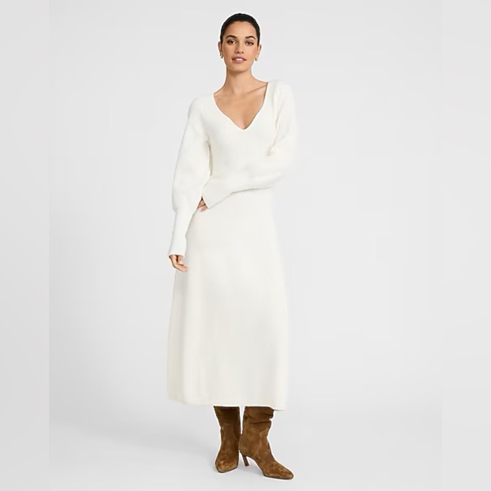 NWT Express Ribbed V-Neck Puff Sleeve Maxi Sweater Dress